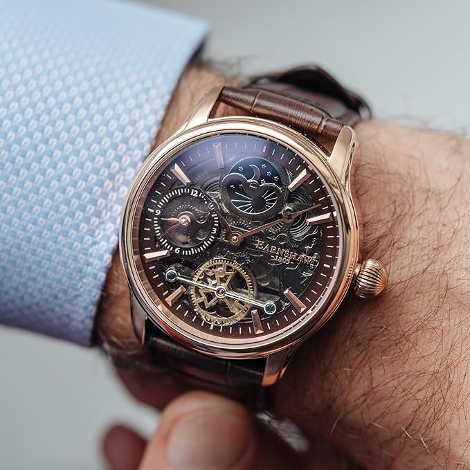 Thomas Earnshaw Mens 44mm Longitude Dual Time Automatic Skeleton Watch with Genuine Leather Strap