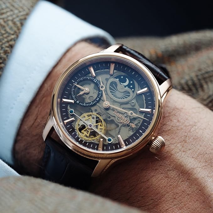 Thomas Earnshaw Mens 44mm Longitude Dual Time Automatic Skeleton Watch with Genuine Leather Strap