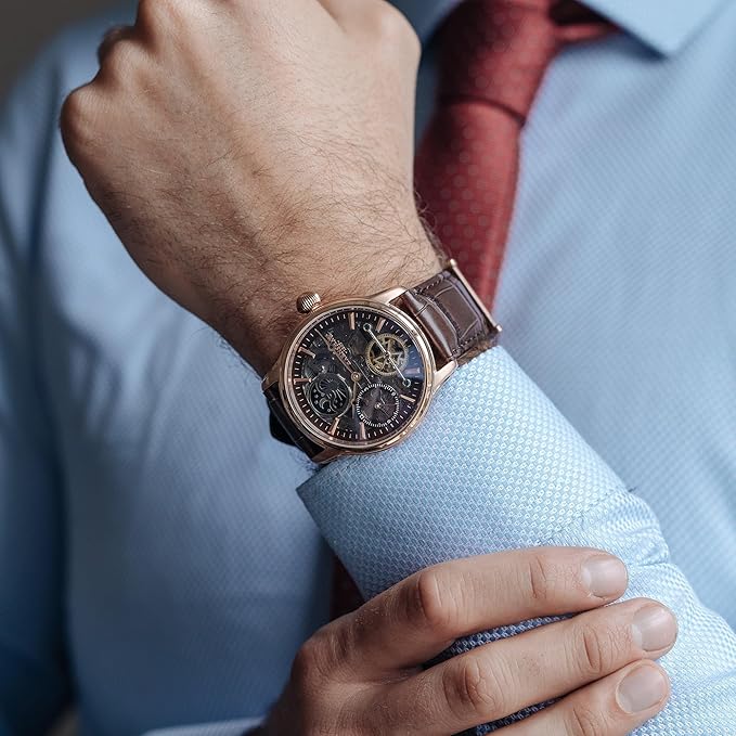 Thomas Earnshaw Mens 44mm Longitude Dual Time Automatic Skeleton Watch with Genuine Leather Strap