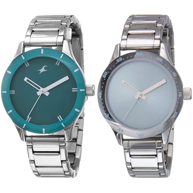 Fastrack Women Stainless Steel Analog Watches Combo (Nk6078Sm01,Nk6078Sm03), Band Color-Silver,Dial Color-Blue