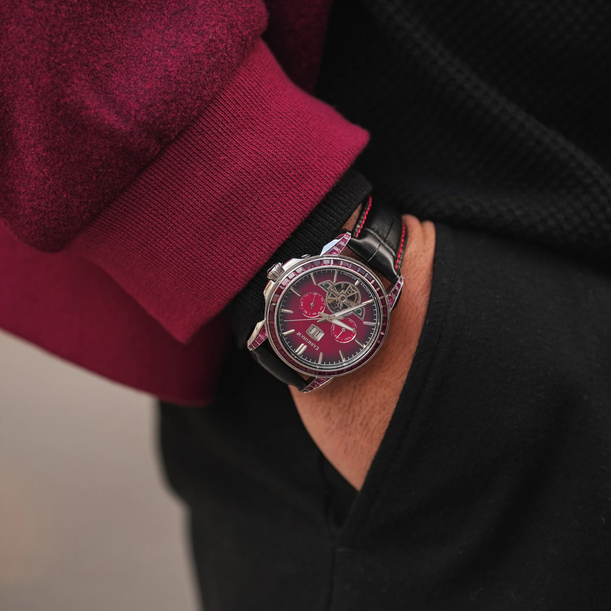 EARNSHAW NAWAB Grand Date Calendar Open Heart Automatic Limited Edition Scarlet Spark