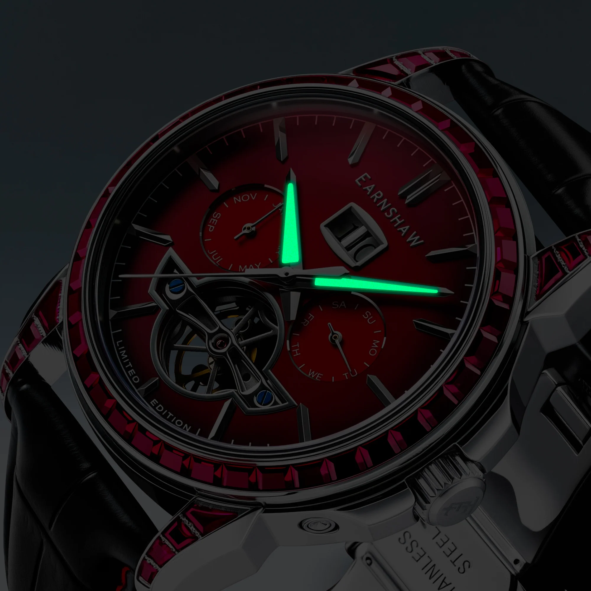 EARNSHAW NAWAB Grand Date Calendar Open Heart Automatic Limited Edition Scarlet Spark