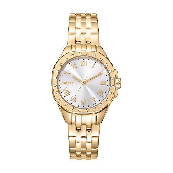 DKNY Brooklyn Mini Analog Plain 3-Hands Japanese Movement Silver Round Dial with Gold Bracelet 16 x 14 mm, 50 m Water Resistance Women's Wrist Watch