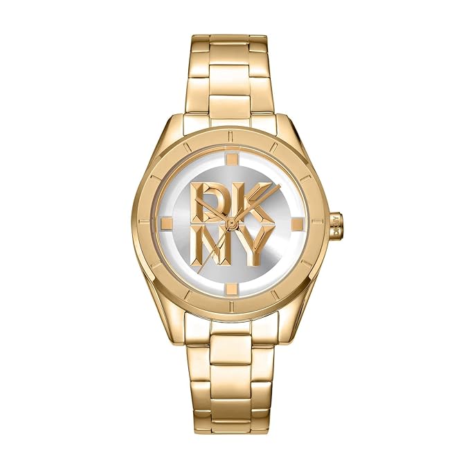 DKNY Chambers Midi Analog Plain 3-Hands Japanese Movement Silver White Round Dial with Gold Bracelet 16 x 14 mm, 50 m Water Resistance Women's Wrist Watch