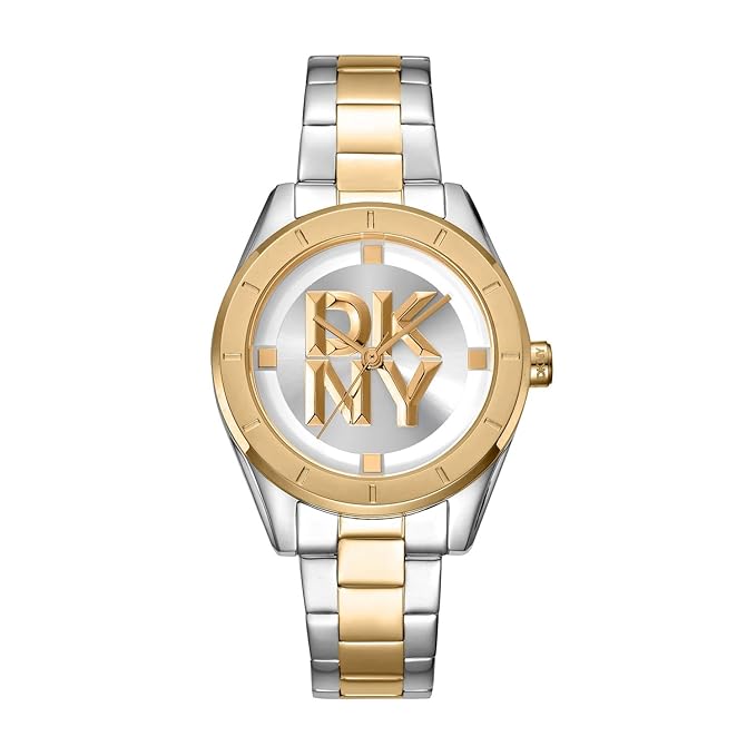 DKNY Chambers Midi Analog Plain 3-Hands Japanese Movement Silver White Round Dial with Two Tone Silver & Gold Bracelet 16 x 14 mm, 50 m Water Resistance Women's Wrist Watch