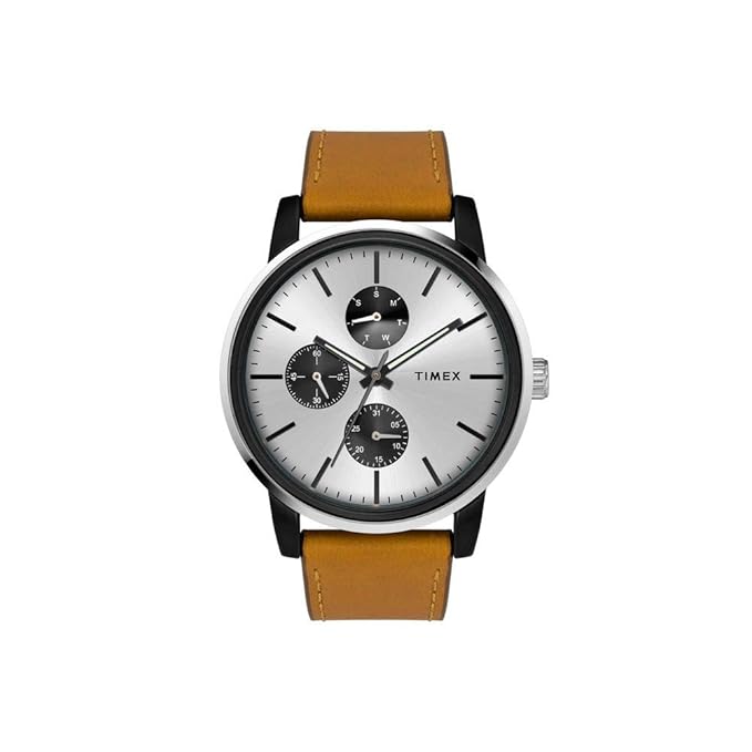TIMEX Analog Watch for Man with Silver Round Dial & Tan Leather Strap Band Water Resistant Men's Wrist Watches