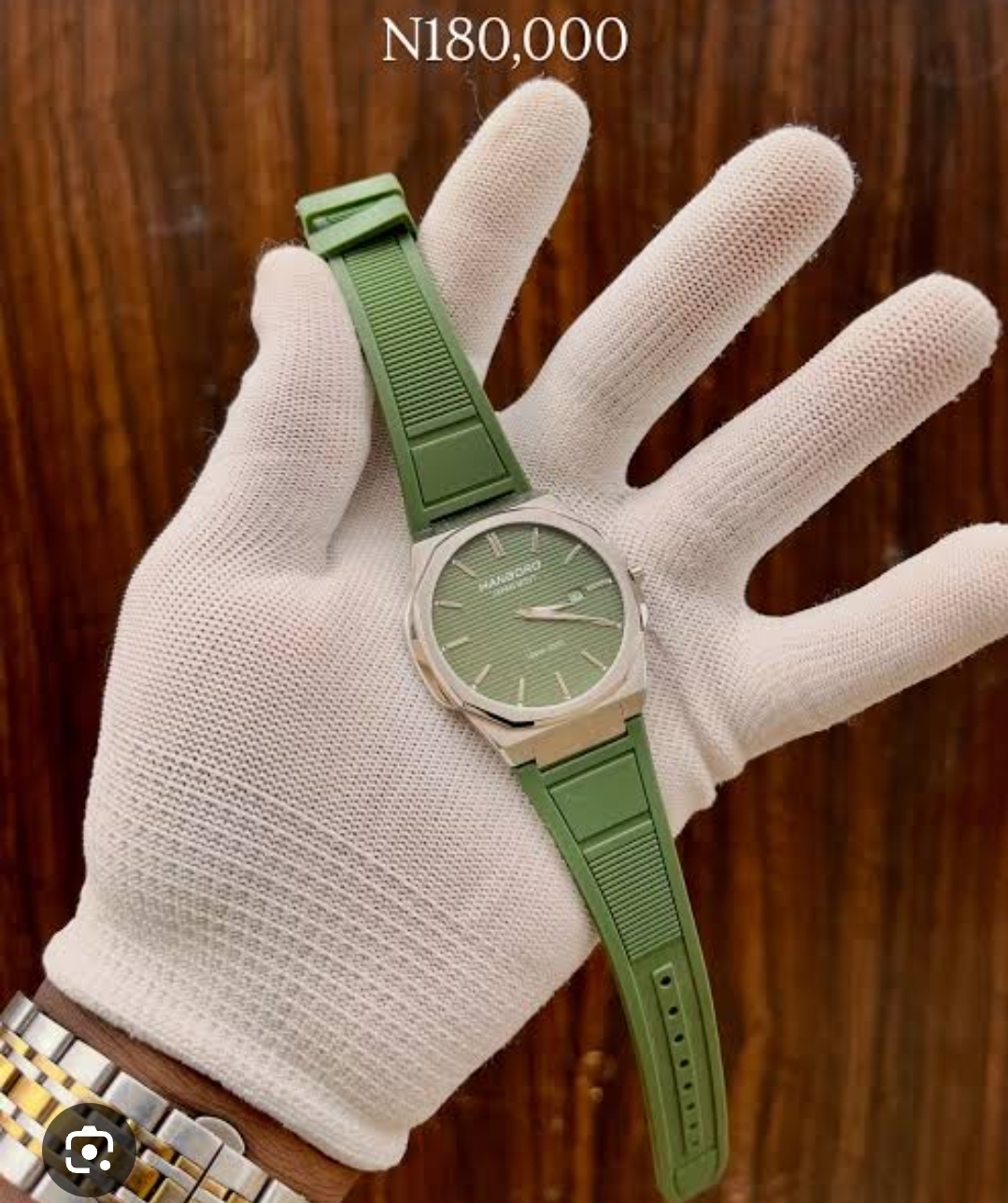 HANBORO Ultra-Thin Case Series: Gold + Silver Octagonal Bezel, Green Striped Dial, Silicone Strap (003-1HGBRBRR)
