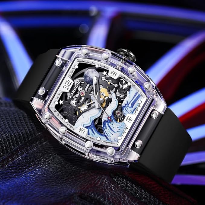 Nautilus Spirit Automatic Skeleton Watch: Square Transparent Case, Crystal Bezel, Hangzhou 7500 Movement, 28,800 VPH, 40-Hour Power, Luminous Wave Dial, Openworked Back, Silicone Strap