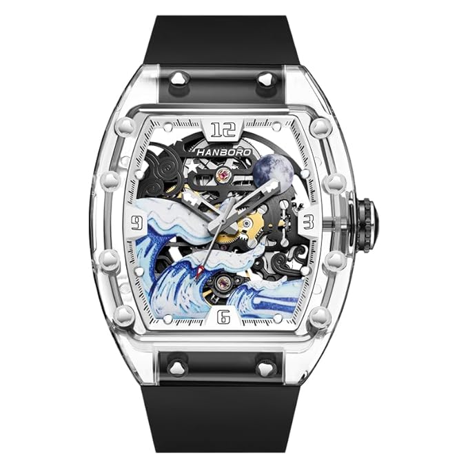 Nautilus Spirit Automatic Skeleton Watch: Square Transparent Case, Crystal Bezel, Hangzhou 7500 Movement, 28,800 VPH, 40-Hour Power, Luminous Wave Dial, Openworked Back, Silicone Strap