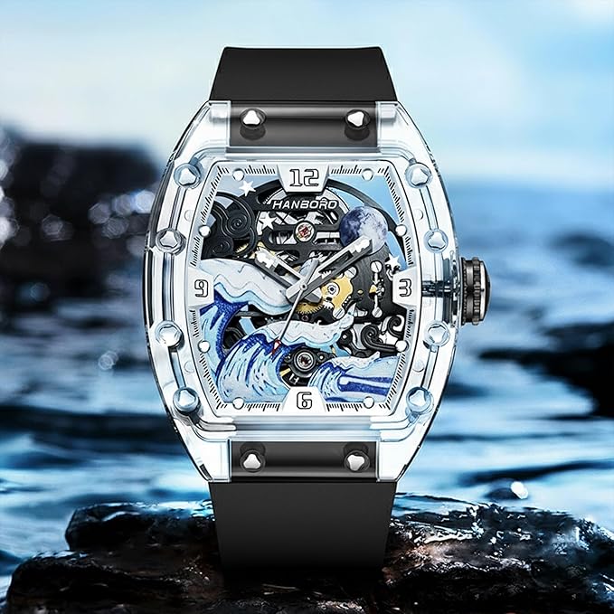 Nautilus Spirit Automatic Skeleton Watch: Square Transparent Case, Crystal Bezel, Hangzhou 7500 Movement, 28,800 VPH, 40-Hour Power, Luminous Wave Dial, Openworked Back, Silicone Strap