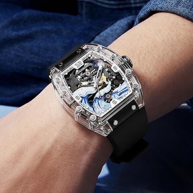 Nautilus Spirit Automatic Skeleton Watch: Square Transparent Case, Crystal Bezel, Hangzhou 7500 Movement, 28,800 VPH, 40-Hour Power, Luminous Wave Dial, Openworked Back, Silicone Strap