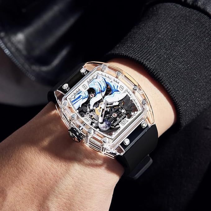 Nautilus Spirit Automatic Skeleton Watch: Square Transparent Case, Crystal Bezel, Hangzhou 7500 Movement, 28,800 VPH, 40-Hour Power, Luminous Wave Dial, Openworked Back, Silicone Strap
