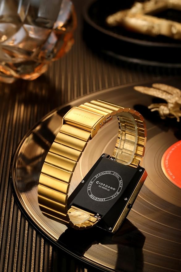 Giordano Analog Digital Watch for Men with Triangle Shape Black Dial, Dual Time Display, Gold Stainless Steel Strap