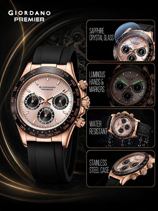 Giordano Premier Ember Collection Chronograph Analog Quartz Watch for Men with Round Sunray Dial, Three Sub-Dials, Baton Hour Markers and Silicone Strap