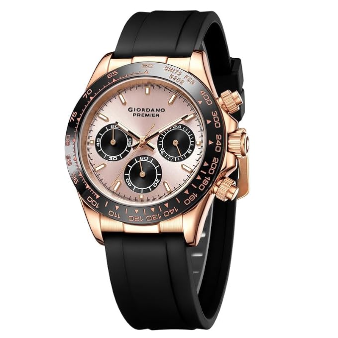 Giordano Premier Ember Collection Chronograph Analog Quartz Watch for Men with Round Sunray Dial, Three Sub-Dials, Baton Hour Markers and Silicone Strap