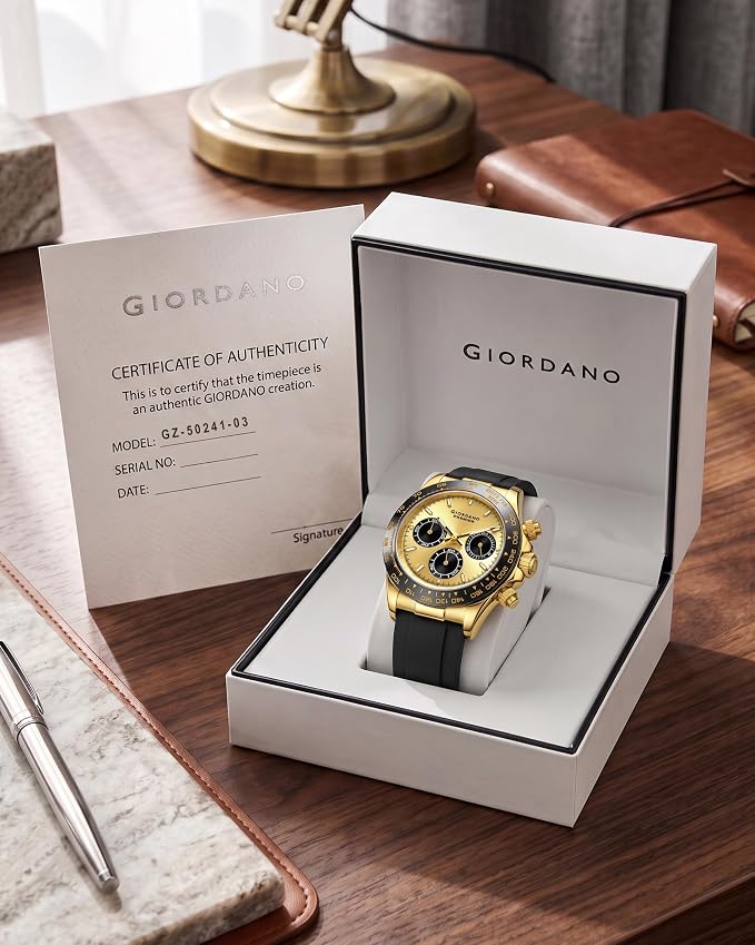 Giordano Premier Ember Collection Chronograph Analog Quartz Watch for Men with Round Sunray Dial, Three Sub-Dials, Baton Hour Markers and Silicone Strap