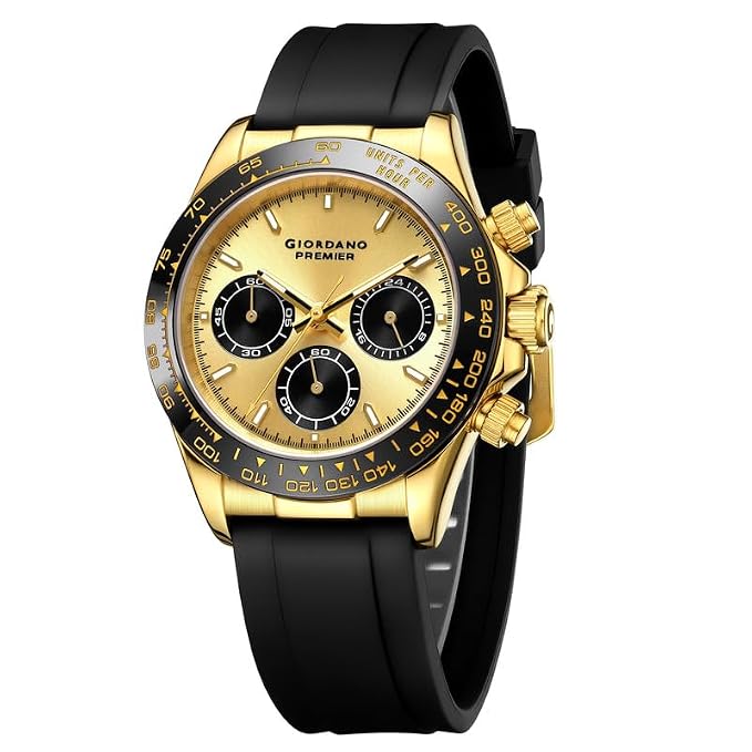 Giordano Premier Ember Collection Chronograph Analog Quartz Watch for Men with Round Sunray Dial, Three Sub-Dials, Baton Hour Markers and Silicone Strap