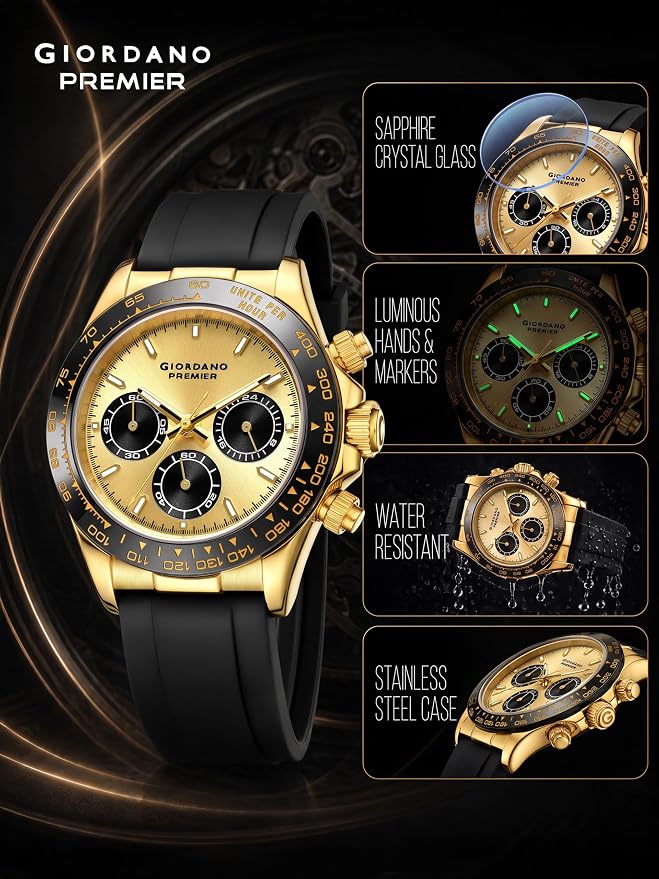 Giordano Premier Ember Collection Chronograph Analog Quartz Watch for Men with Round Sunray Dial, Three Sub-Dials, Baton Hour Markers and Silicone Strap