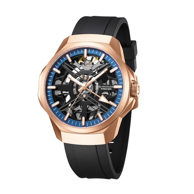 Giordano Premier Xapphire Collection Analog Watch for Men with Round Automatic Mechanical Movement Skeleton-Style Dial, Exposed Gear Design, Baton Hour Markers and Black Silicone Strap