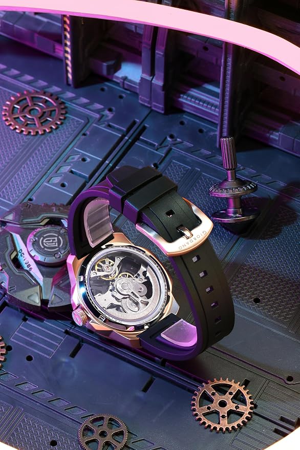 Giordano Premier Xapphire Collection Analog Watch for Men with Round Automatic Mechanical Movement Skeleton-Style Dial, Exposed Gear Design, Baton Hour Markers and Black Silicone Strap