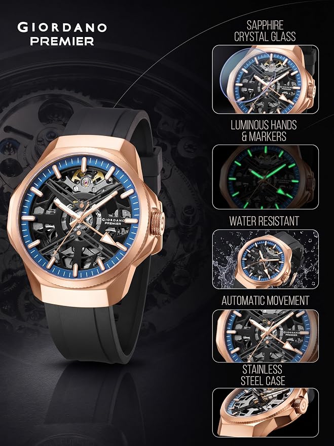 Giordano Premier Xapphire Collection Analog Watch for Men with Round Automatic Mechanical Movement Skeleton-Style Dial, Exposed Gear Design, Baton Hour Markers and Black Silicone Strap