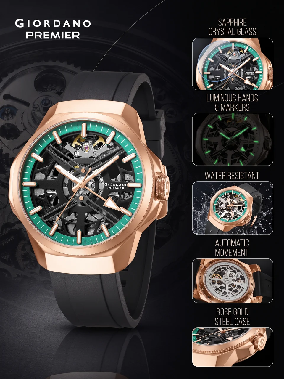 Giordano Premier Xapphire Collection Automatic Mechanical Movement Skeleton-Style Watch for Men