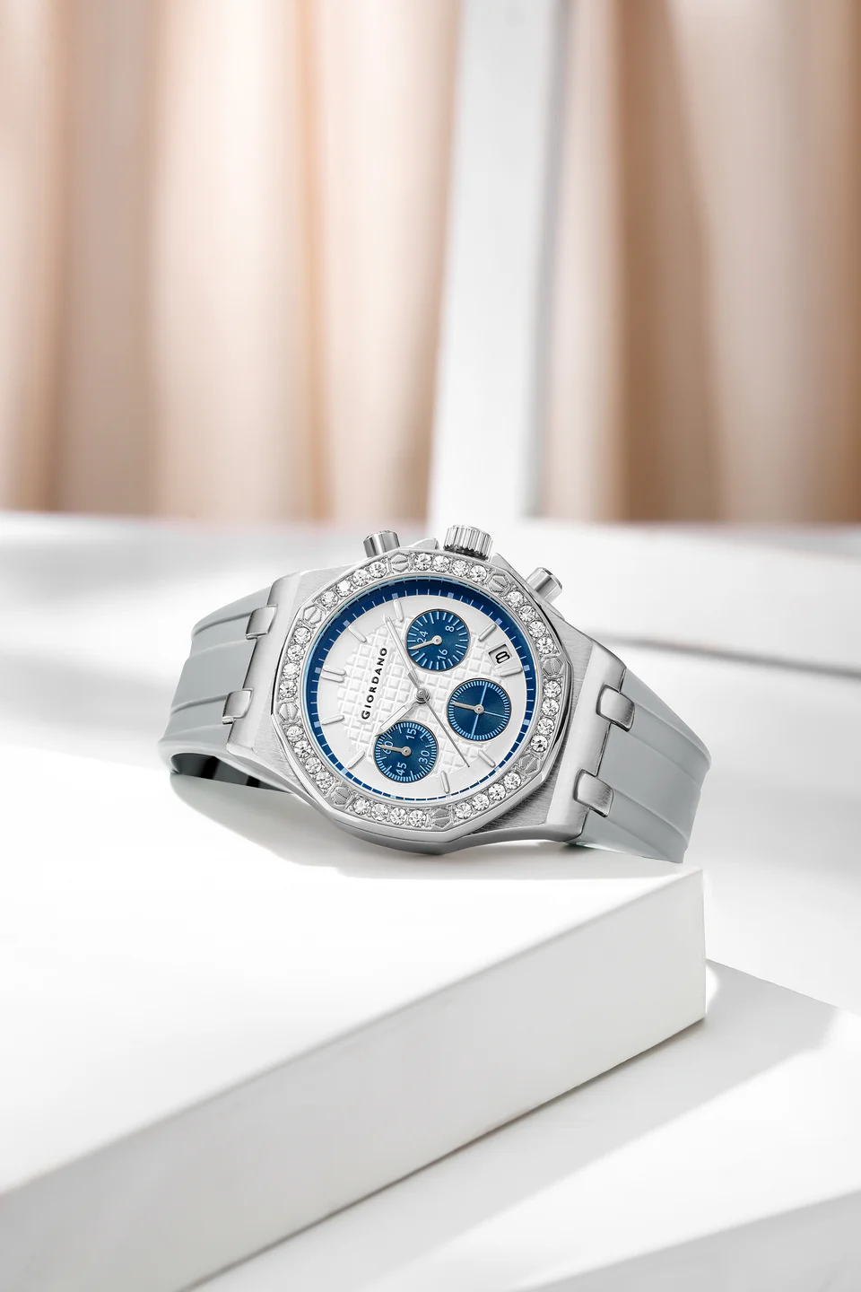 Giordano Chronograph Watch for Women | Stainless Steel Case, Crystal bezel | Modern & Stylish Timepiece with Comfortable Silicone Strap