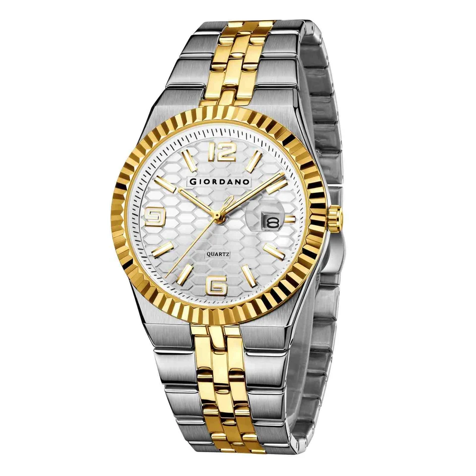 GIORDANO Analog Watch for Men with Honeycomb Dial, Fluted Bezel, Stainless Steel Strap, Date Window & Luminous Hour Markers