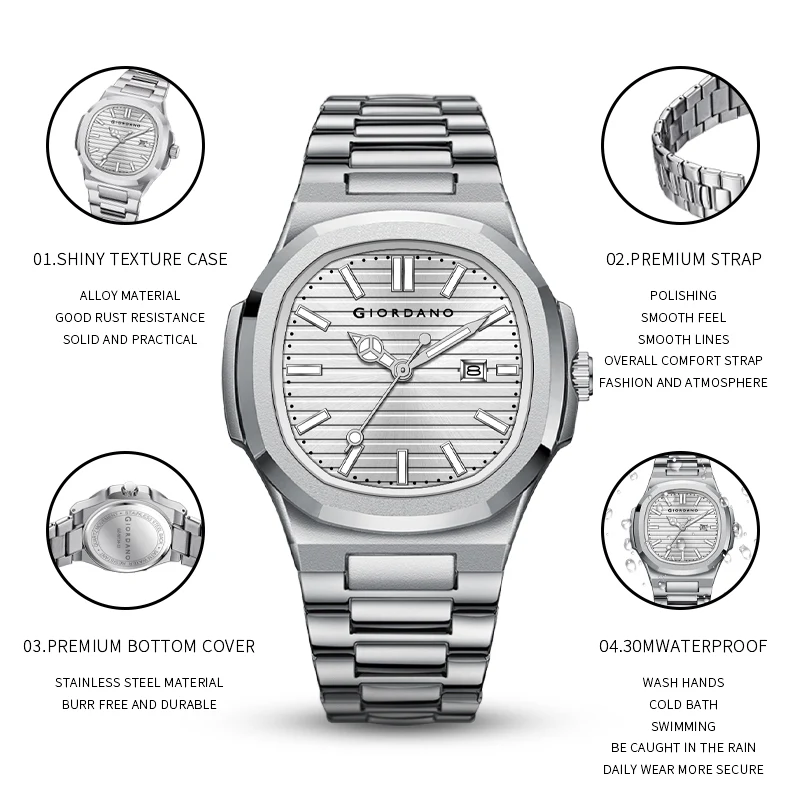 Giordano Analog Watch for Men – Textured Dial, Stainless Steel Strap, Date Display, Quartz Movement, Water Resistant