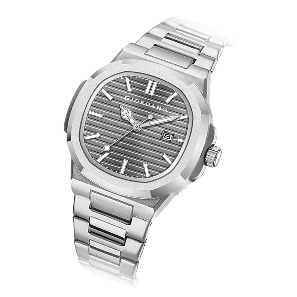 Giordano Analog Watch for Men – Textured Dial, Stainless Steel Strap, Date Display, Quartz Movement, Water Resistant