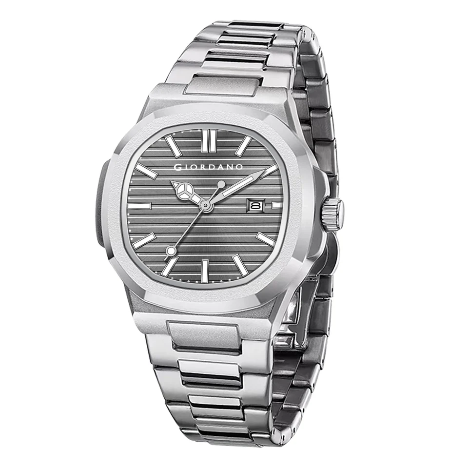 Giordano Analog Watch for Men – Textured Dial, Stainless Steel Strap, Date Display, Quartz Movement, Water Resistant
