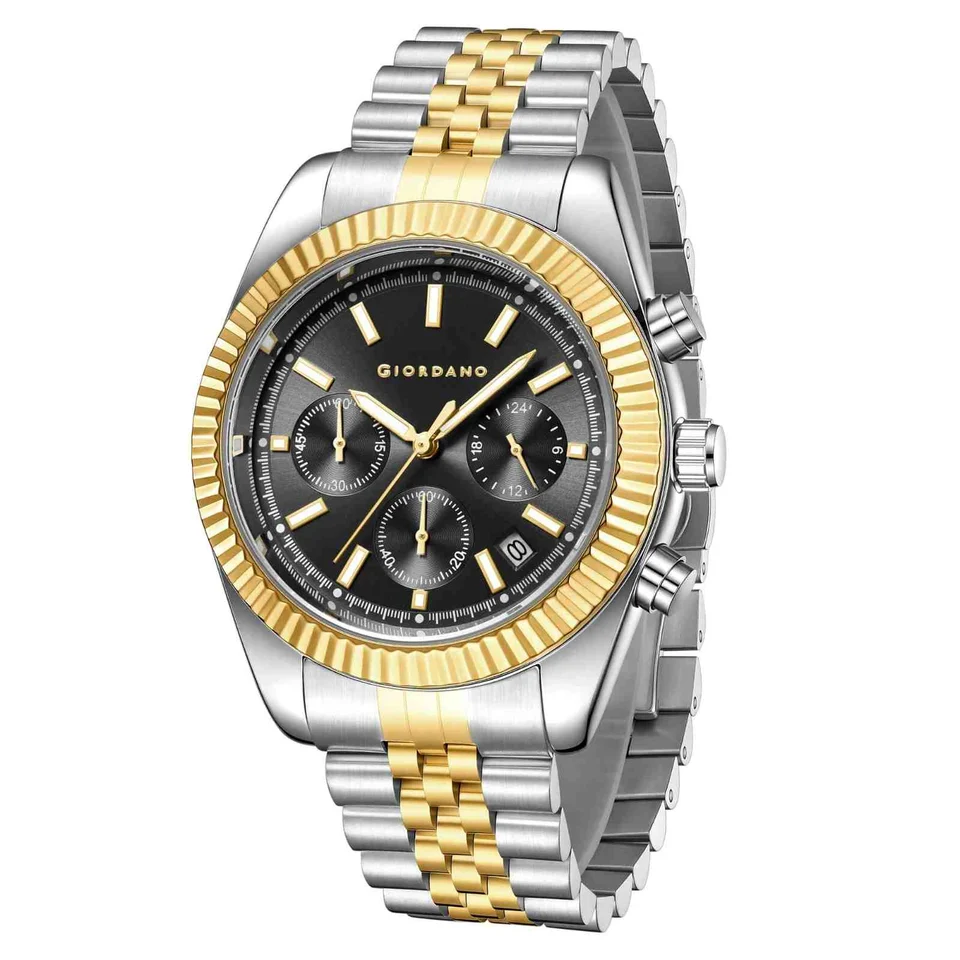 Giordano Chronograph Analog Watch for Men – Textured Bezel, Luminous Index Markers, Stainless Steel Strap & Date Display