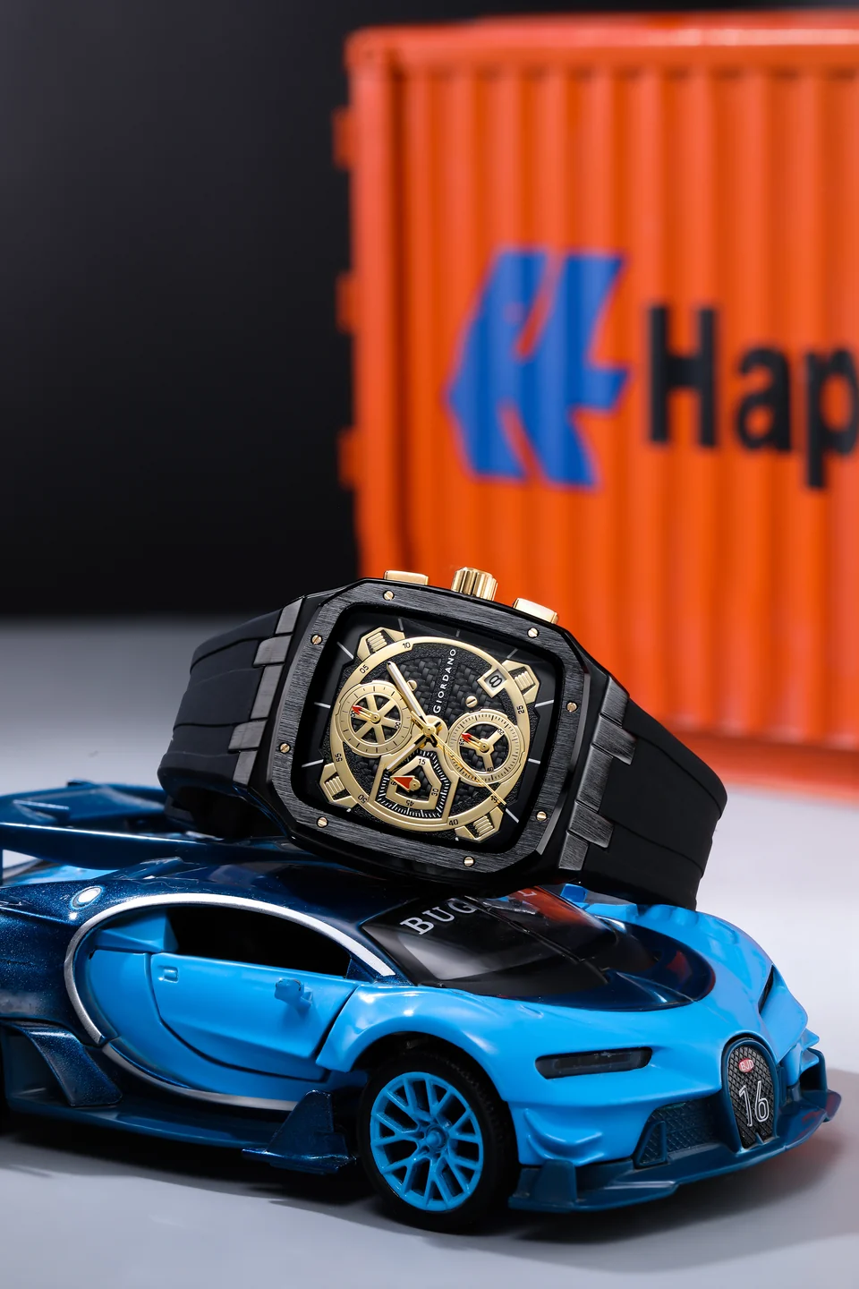 Giordano Analog Watch for Men with Chronograph Subdials, Black Square Case, Date Display, Quartz Movement, Black Silicone Strap