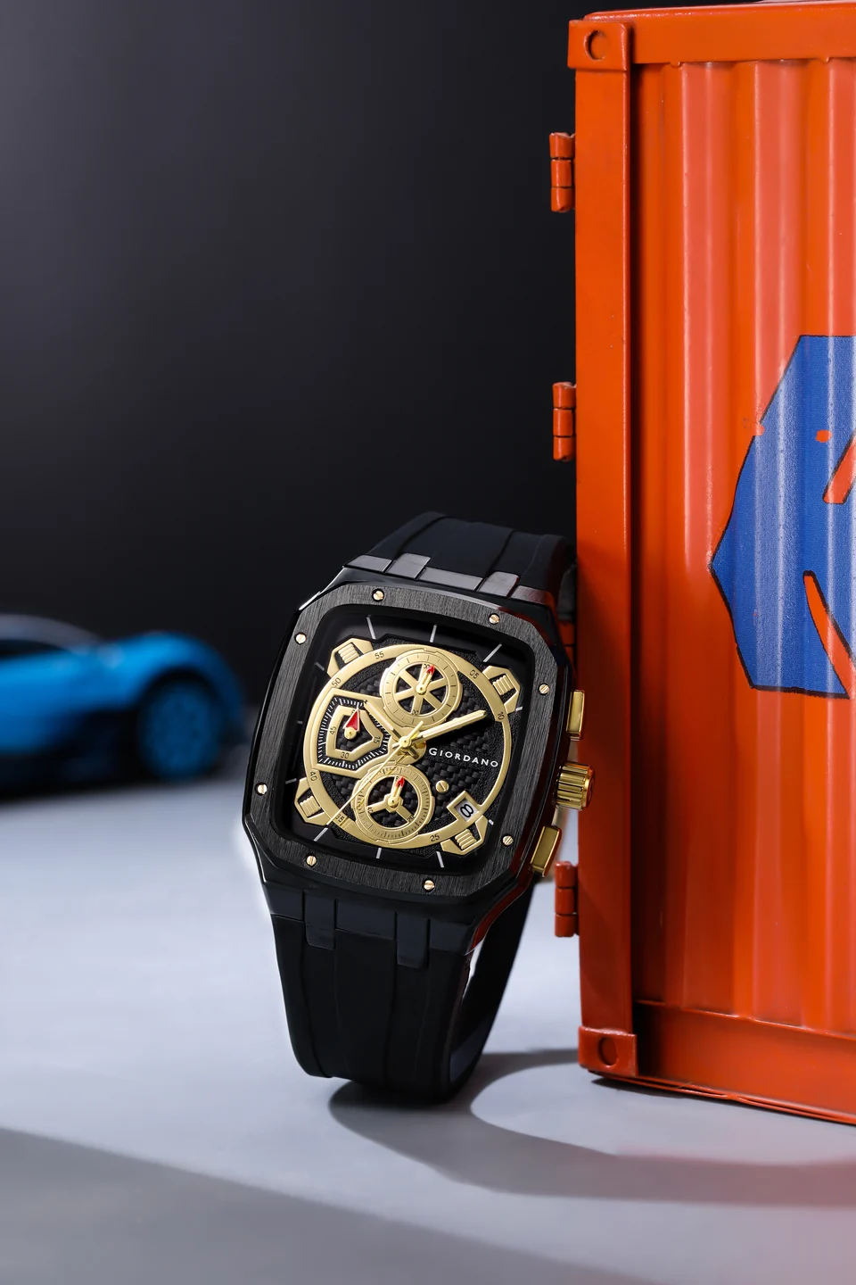 Giordano Analog Watch for Men with Chronograph Subdials, Black Square Case, Date Display, Quartz Movement, Black Silicone Strap