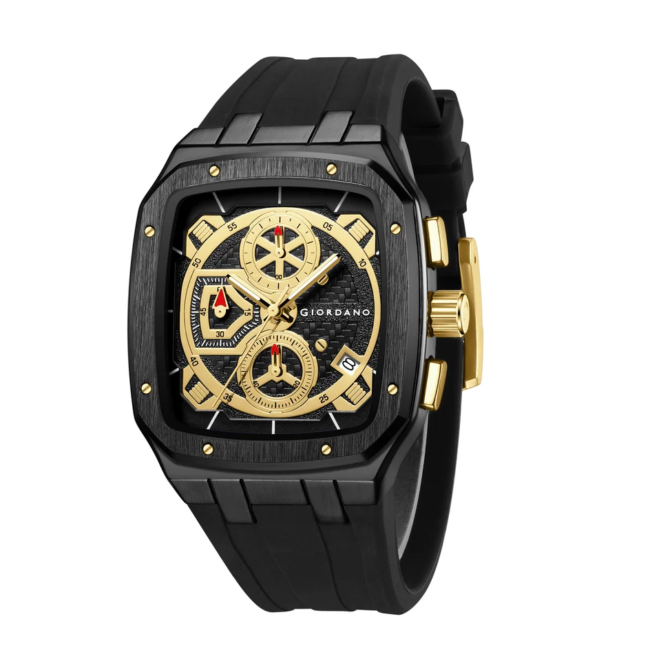 Giordano Analog Watch for Men with Chronograph Subdials, Black Square Case, Date Display, Quartz Movement, Black Silicone Strap