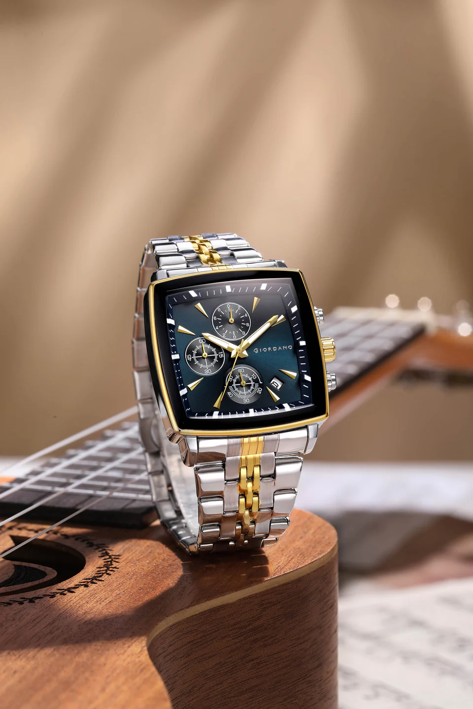 Giordano Multi Function Watch For Men With Square Blue Dial, Stainless Steel Strap And Date Display