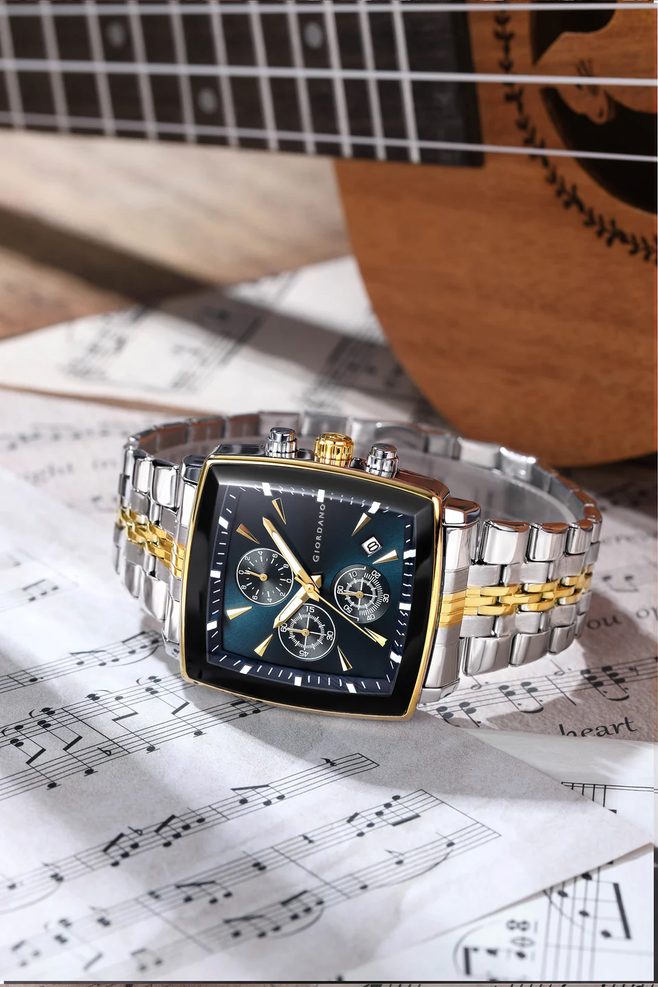 Giordano Multi Function Watch For Men With Square Blue Dial, Stainless Steel Strap And Date Display