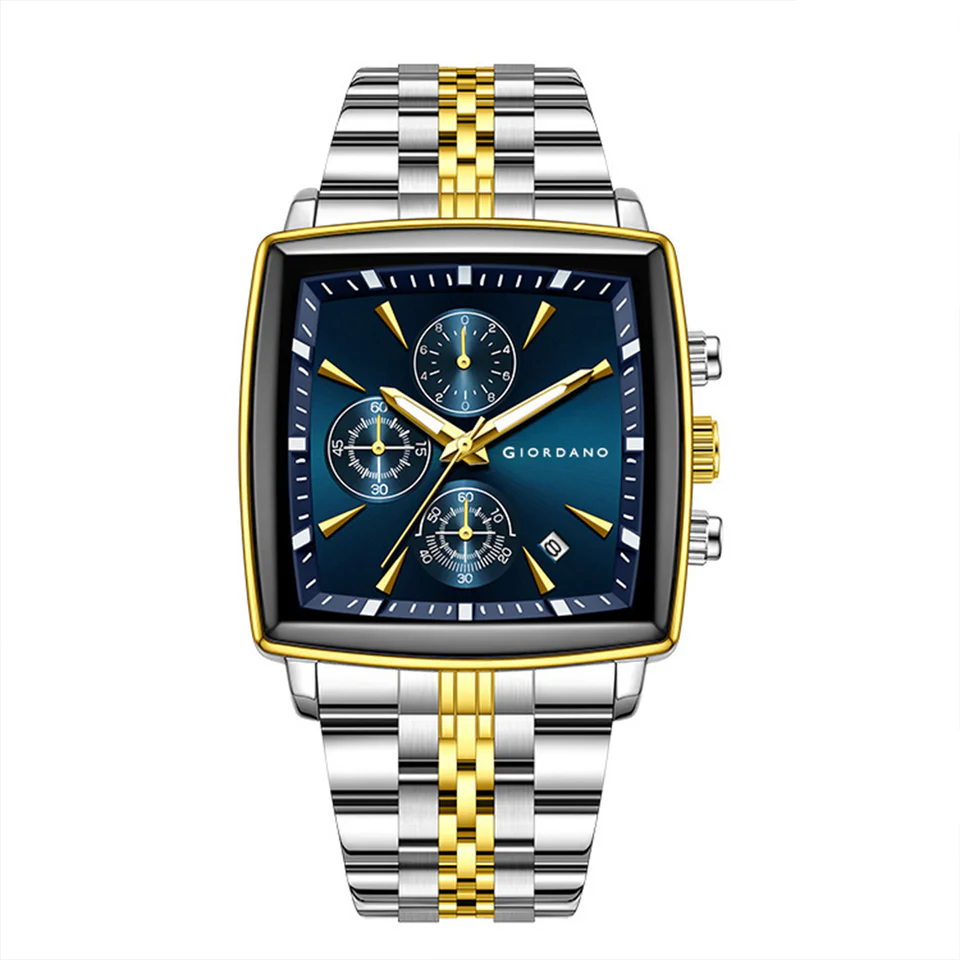 Giordano Multi Function Watch For Men With Square Blue Dial, Stainless Steel Strap And Date Display