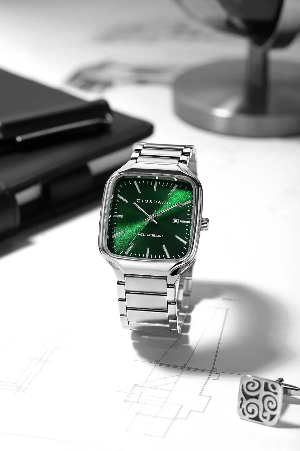 Giordano Analog Watch for Men – Square Dial, Stainless Steel Strap, Date Display, Water Resistant Classic Dress Watch