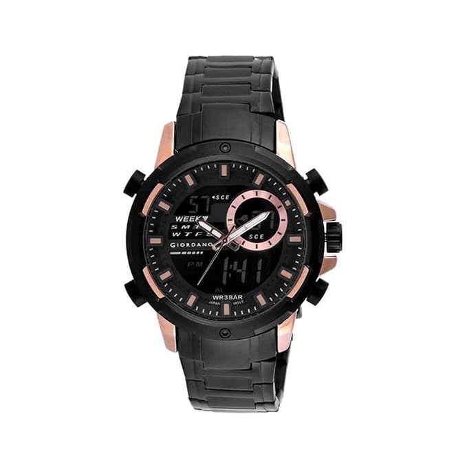 Giordano Mens 47 SS2022 Black with Rosegold Indices Dial Metal Band Analog-Digital Wrist Watch