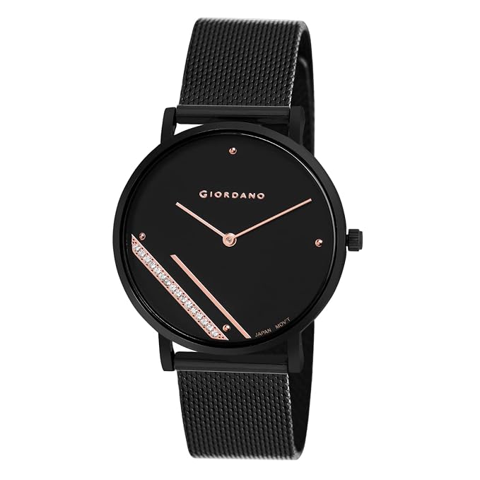 Giordano Analogue Watch for Women with Rose Gold Case and Blue Stylish Mesh Band Ladies Wrist Watch with Studds on Dial to Complement Your Party Look, Gift for Women