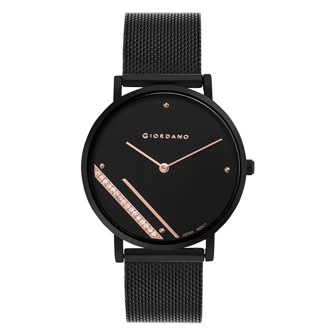 Giordano Analogue Watch for Women with Rose Gold Case and Blue Stylish Mesh Band Ladies Wrist Watch with Studds on Dial to Complement Your Party Look, Gift for Women