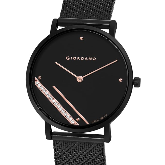 Giordano Analogue Watch for Women with Rose Gold Case and Blue Stylish Mesh Band Ladies Wrist Watch with Studds on Dial to Complement Your Party Look, Gift for Women