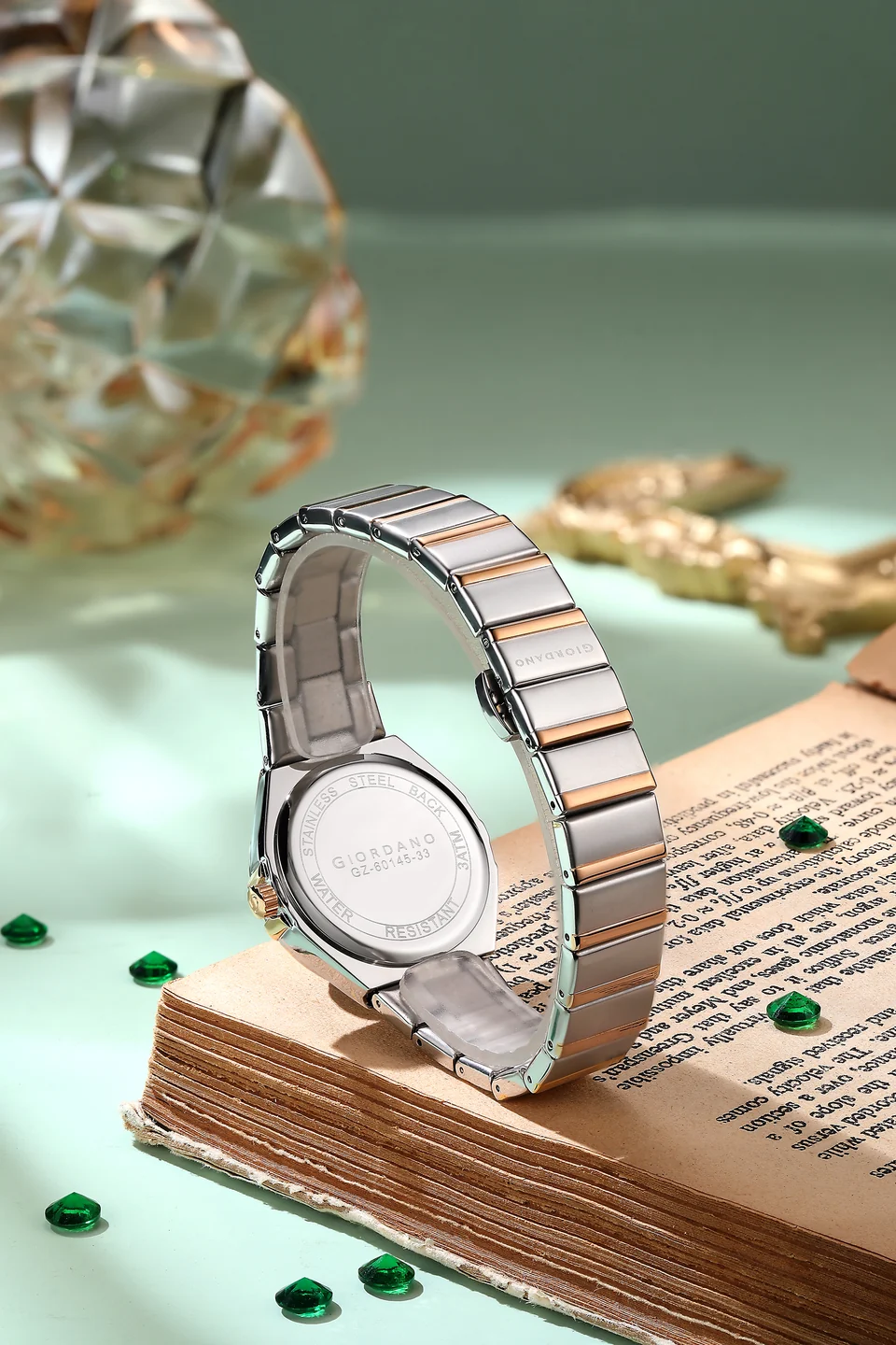 Giordano Analog Quartz Watch for Women with Crystal-Encrusted Bezel, Sunray Textured Dial, Date Display and Two-Tone Stainless Steel Strap