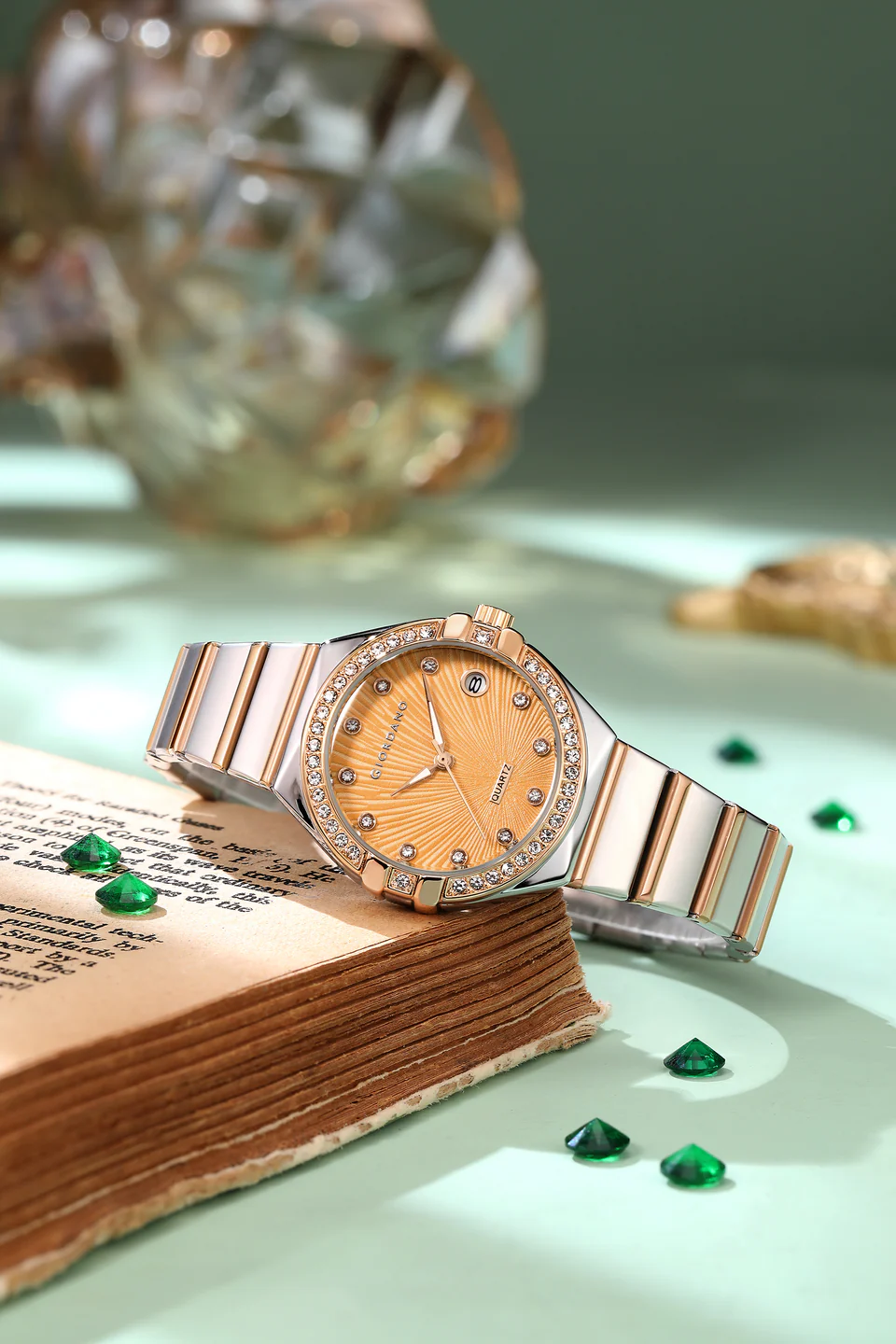 Giordano Analog Quartz Watch for Women with Crystal-Encrusted Bezel, Sunray Textured Dial, Date Display and Two-Tone Stainless Steel Strap
