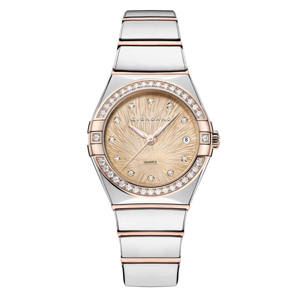 Giordano Analog Quartz Watch for Women with Crystal-Encrusted Bezel, Sunray Textured Dial, Date Display and Two-Tone Stainless Steel Strap