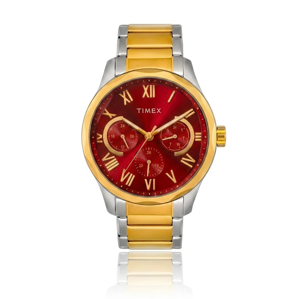 Timex Men's Multifunction Red Dial Gold-Tone Two-Tone Watch