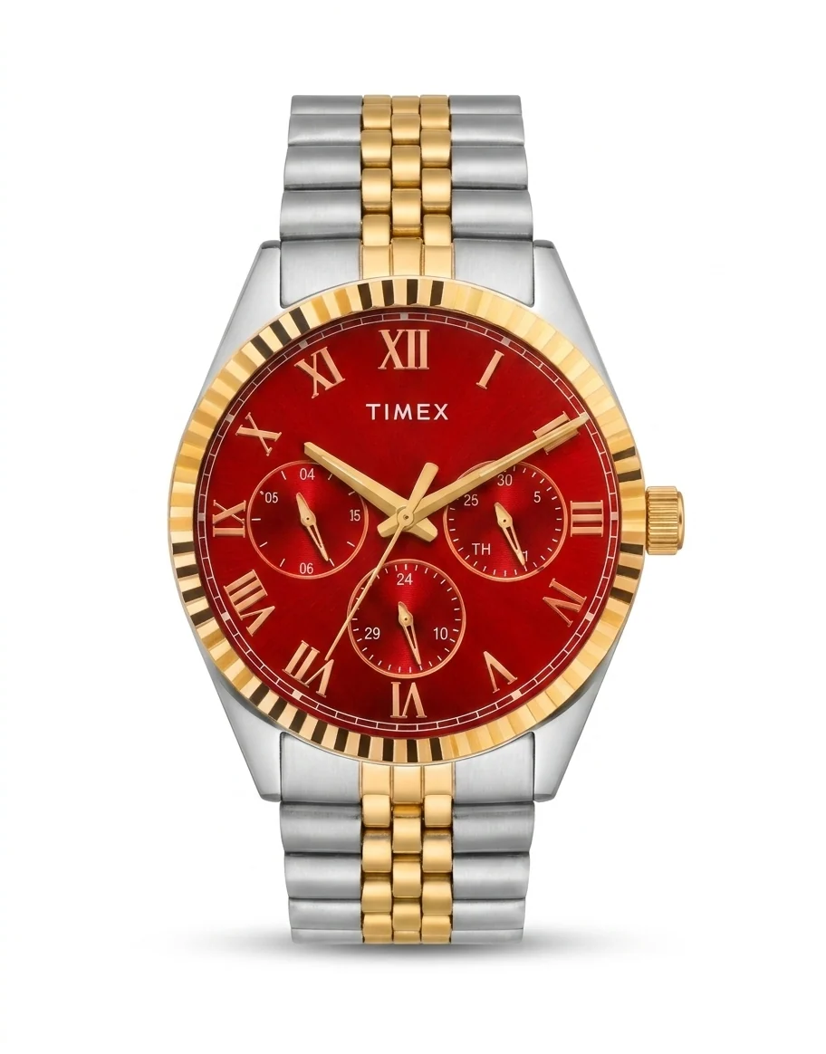 Timex Men's Multifunction Red Dial Gold-Tone Two-Tone Watch