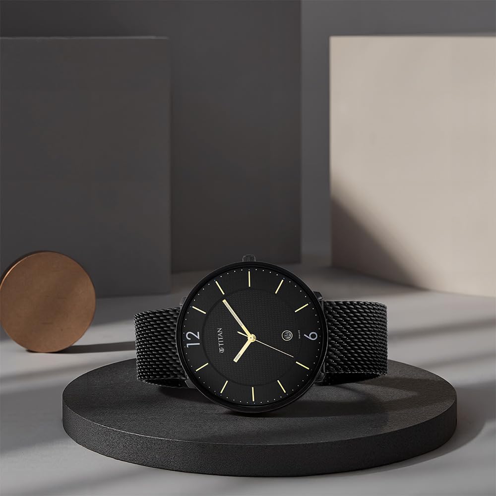 Titan Black and Gold Quartz Analog with Date Black Dial Stainless Steel Strap Watch for Men