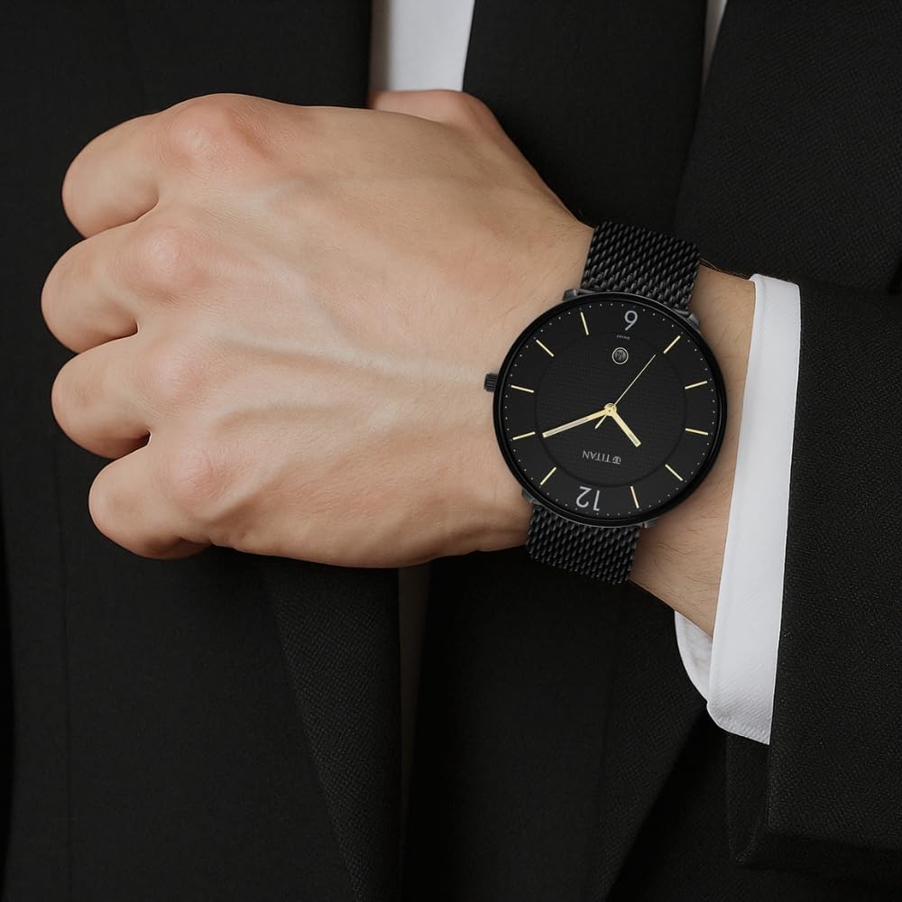 Titan Black and Gold Quartz Analog with Date Black Dial Stainless Steel Strap Watch for Men